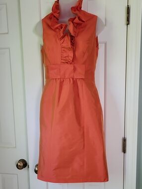ALFRED SUNG Coral Orange Ruffle V-Neck Midi Dress Vintage Sz 2